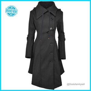 Long Wool Trench Coat Goth Victorian Style Pea Coat Hooded Elegant Winter